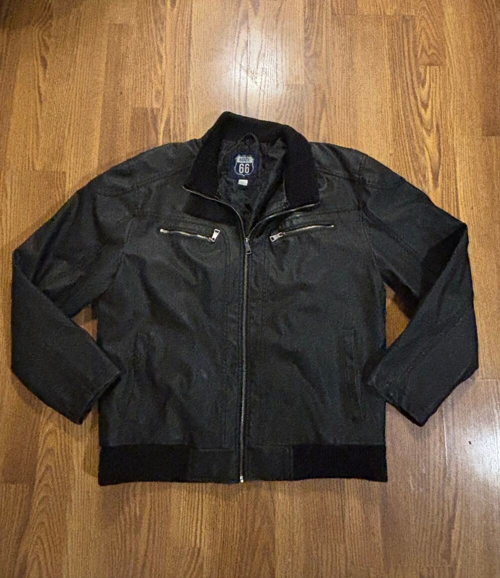 Route 66 Black Leather Fall/Winter Outerwear Biker Motorcycle Bomber Coat/Jacket